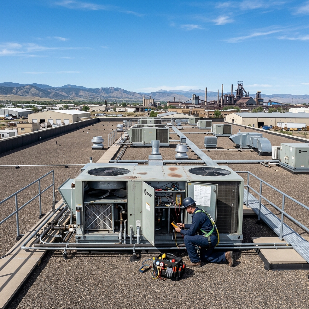 HVAC technician servicing commercial rooftop unit on a Pueblo Colorado business building