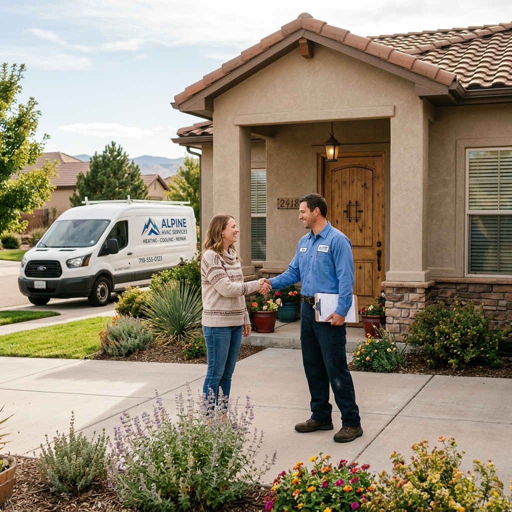 Friendly HVAC technician shaking hands with homeowner at front door of Pueblo Colorado home