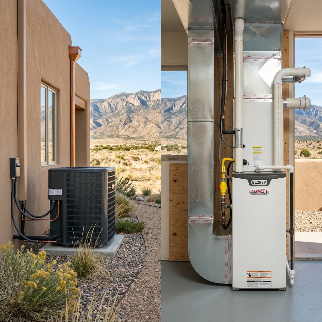 Split view comparing a heat pump unit and gas furnace at a Pueblo Colorado home with mountain foothills
