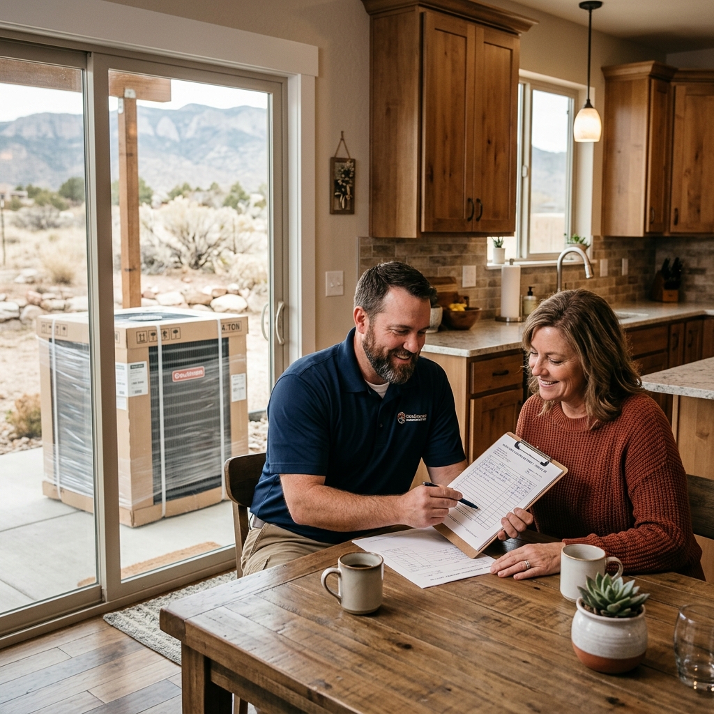 HVAC contractor reviewing cost estimate with homeowner in a Pueblo Colorado kitchen