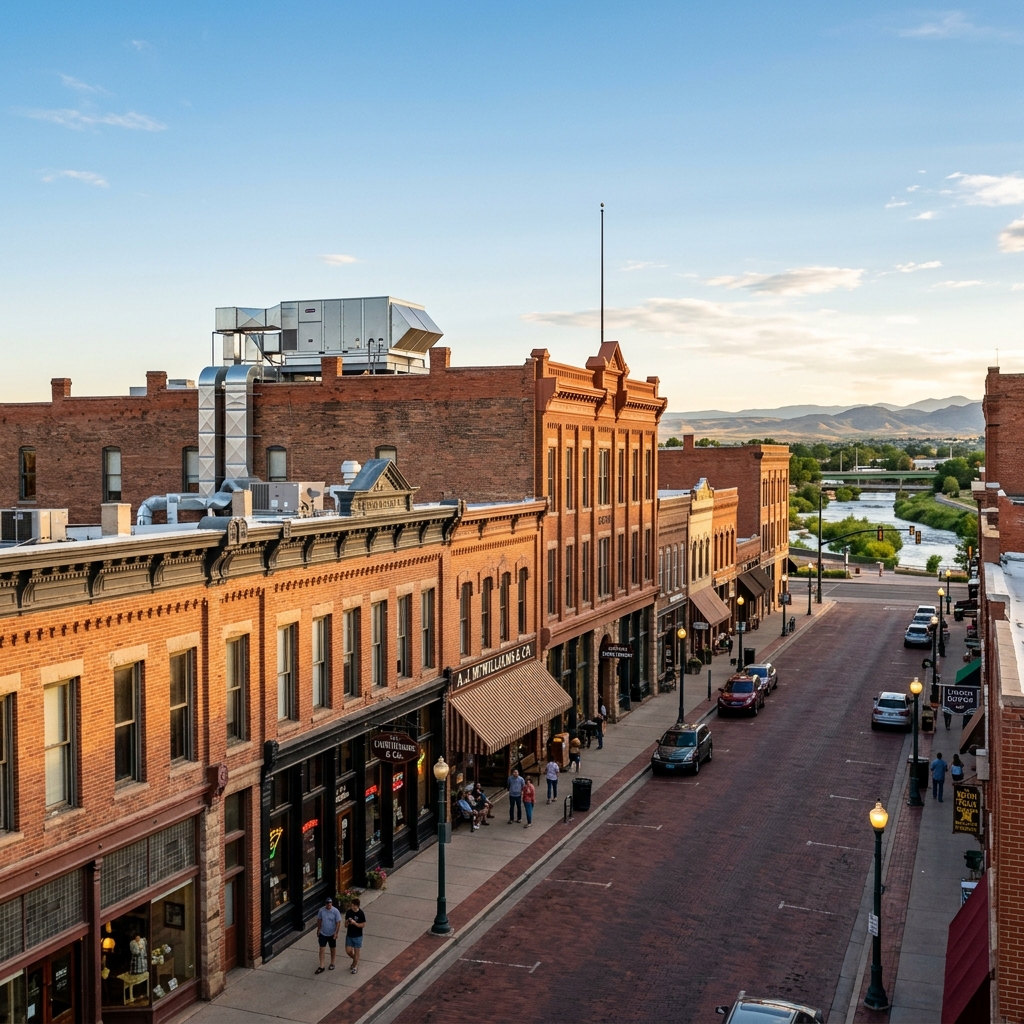 Historic downtown Pueblo Colorado Union Avenue district with brick buildings and HVAC rooftop units