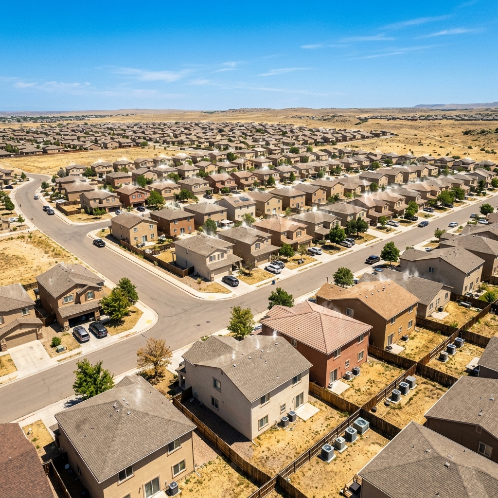 Aerial view of Pueblo Colorado residential neighborhood during hot summer with HVAC units visible