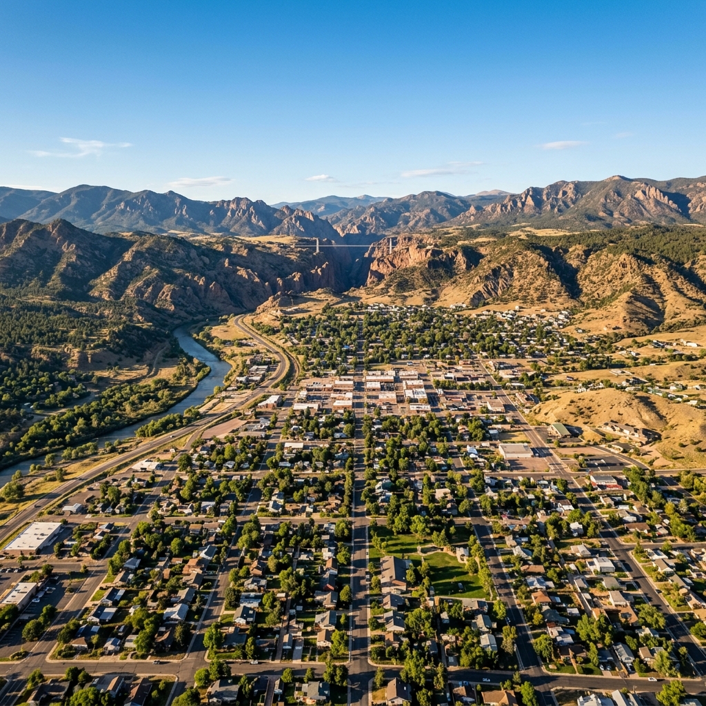 Aerial view of Canon City Colorado with Royal Gorge and Rocky Mountain foothills