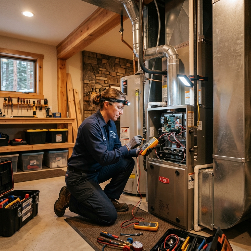 HVAC technician servicing system in Florence Colorado home